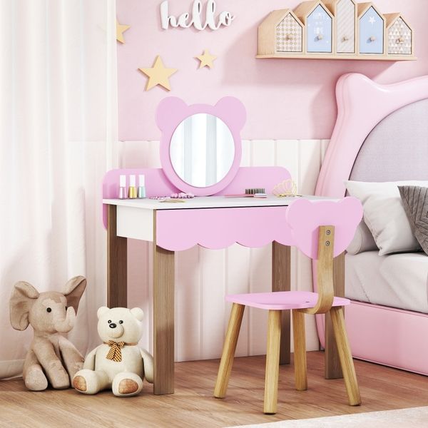 Kinderschminktisch Set Mit Spiegel & Hocker Bärendesign - Kinder Frisiertisch Mit Schublade Aus Spanplatte, Für 3-8 Jahre