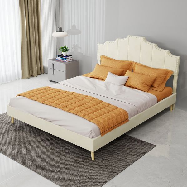 Modern minimalist soft bed, comfortable and soft headboard, 140*200CM, beige, multifunctional bedroom furniture, low box bed frame without lifting rod, does not include mattress.