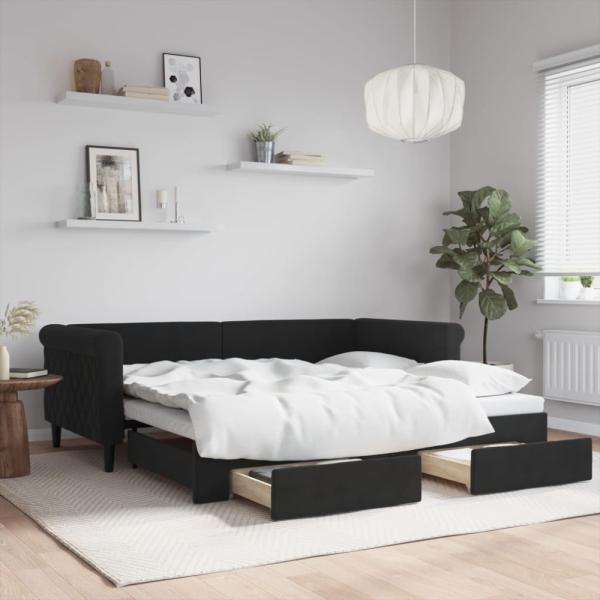 Tagesbett Ausziehbar mit Schubladen Schwarz 90x190 cm Samt (Farbe: Schwarz)