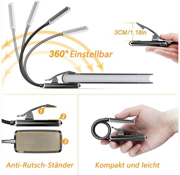 TUWENA LED Leselampe Leselampe Buch Klemme,Wiederaufladbare Buchlampe,Helligkeit Klemmlampe, 360° Flexibel Buchlampe mit 9 LEDs, 3 Farbtemperatur Modi für Bett