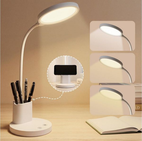 LQWELL LED Schreibtischlampe 4 in 1 LED Schreibtischlampe USB Aufladbar, LED fest integriert, 3 Helligkeitsstufen Nachtlicht, 360° Flexibel Stifthalter Tischlampe Studienlampe, mit Telefonhalter,für Heimbüro
