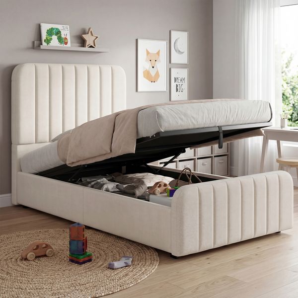 Polsterbett, Einzelbett, Kinderbett 90 x 200cm, hydraulisches Funktionsbett, Bett mit Lattenrost, Kopfteil und großem Stauraum, gepolstertes Kopfteil, beige, linen