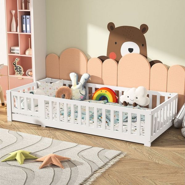 FUROKOY Kinderbett Bodenbett Massivholzbett mit Lattenrost, Holzbett Einzelbett 80x160cm mit Rausfallschutz,Weiß,Montessori