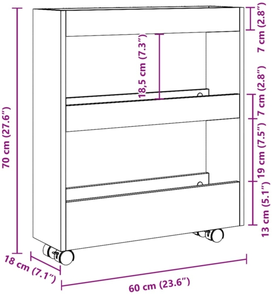 vidaXL Aufbewahrungswagen Schmal 3 Etagen Räuchereiche Holzwerkstoff 855245 Bild 8