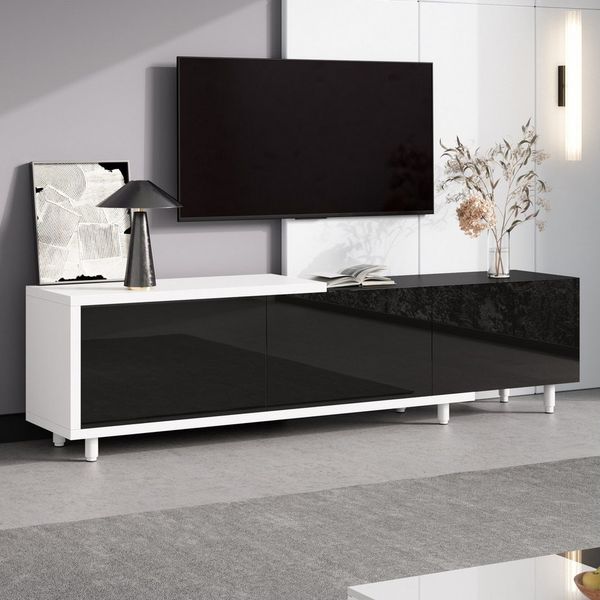 OKWISH Lowboard Ausziehbarer TV-Schrank 258 x 38 x 48,5 cm (Packung, 1 St, modernes Design, viel Stauraum, Metallfüße), mit 3 Hochglanz-Türen & leisen Scharnieren