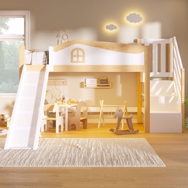Merax Kinderbett, 90x200 cm, Hochbett, Halbhohes Bett, Sicherheitsgeländer, Stauraumleiter, Rutsche, mit LED-Lichtleiste, Weiß