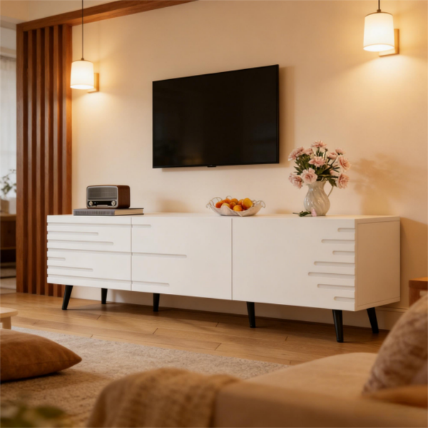 Merax 180cm TV-Schrank mit 3 Klapptüren, lowboard, TV-Ständer, Kabinett, Wohnzimmerschrank, geeignet für Fernseher um die 80 Zoll, großer Stauraum, weiß