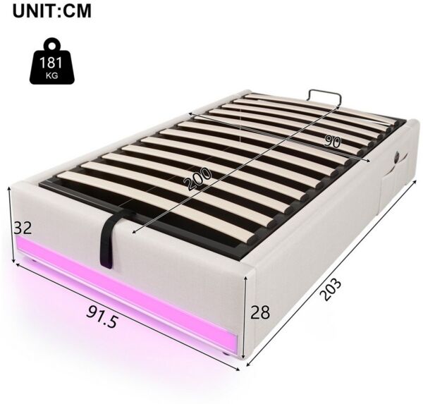 Ulife Polsterbett Kein Kopfteil-Design, Hydraulisch Stauraumbett mit mit LED-Beleuchtung (Ohne Matratze), Kein Kopfteil-Design, mit USB und Typ-C, 90x200cm