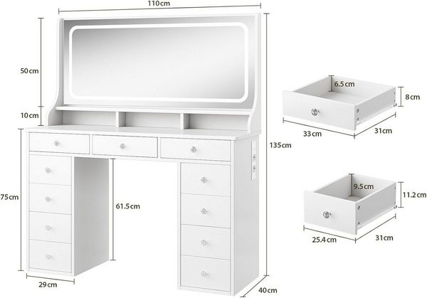 Dripex Schminktisch Schminktisch mit Spiegel, LED und Schubladen, weiß/braun
