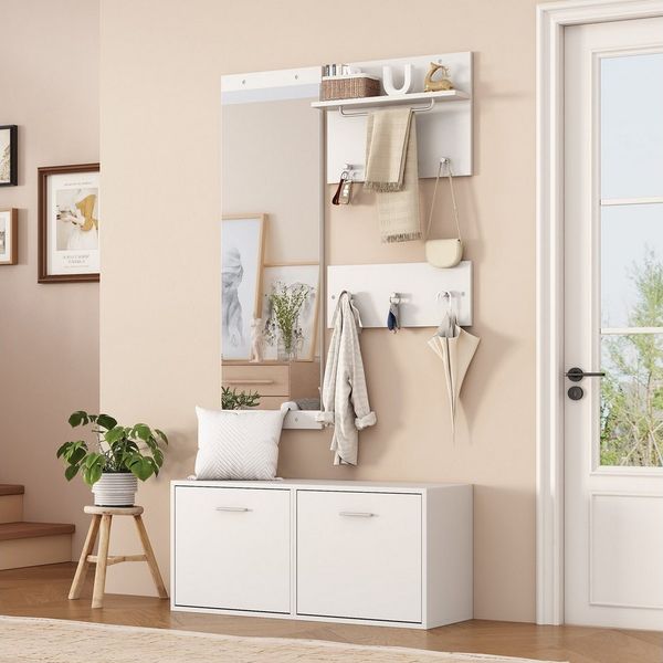 Merax Garderoben-Set 4-teilig Garderobenschrank Flurmöbel Flurschrank in Weiß, (4-St), Schuhschrank mit Sitzfunktion, 2 Wandgarderoben mit 6 Haken & Spiegel