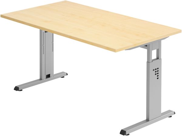 bümö höhenverstellbarer Schreibtisch O-Serie 140x80 cm in Ahorn, Gestell in Silber - PC Tisch für's Büro manuell höhenverstellbar, Computertisch verstellbar, OS-14-3-S
