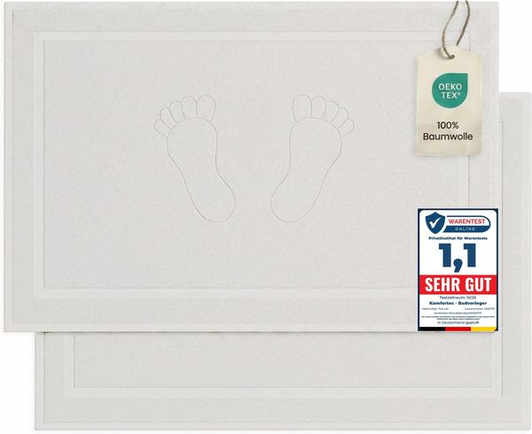 Komfortec Badvorleger Set 2 Teilig, Frottee Duschvorleger, Waschbar Duschmatte & Badteppich, 800 g/m² &100% Baumwolle, Saugfähig & Schnelltrocknend, 50x80 cm, Weiß