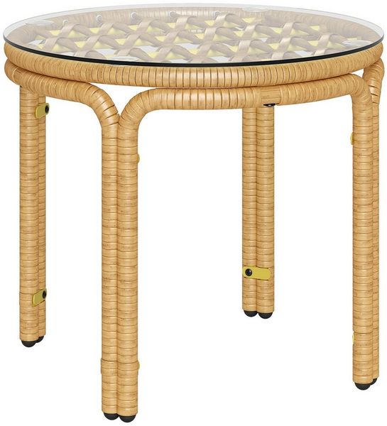 Outsunny Beistelltisch mit Glas Tischplatte (Gartentisch aus Polyrattan, 1-St, runder Couchtisch), für Wohnzimmer Garten Terrasse Balkon, Ø50 cm Gelb