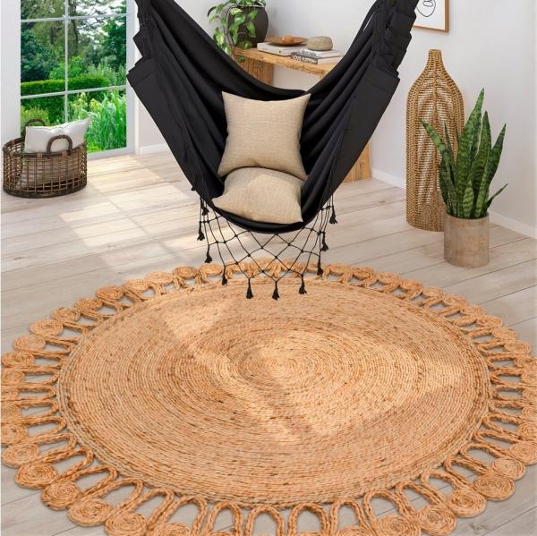 Paco Home Teppich Rund Wohnzimmer Jute Boho Ethno Muster Modern Handgefertigt Naturteppich, Grösse:80 cm Rund, Farbe:Natur 5