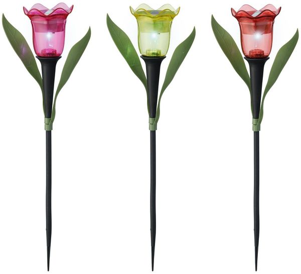 Lumineo LED Solarleuchte, Dauerlicht, kaltweiß, LED Solar Dekoleuchte Blume 28cm Kunststoff Warmweiß 3 Stück sortiert