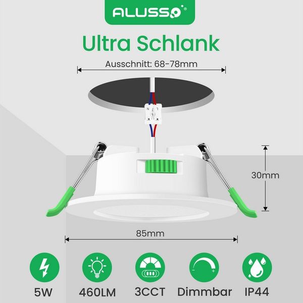 ALUSSO LED Einbaustrahler 10er-Set, 230 V, 68-78 mm, Dimmbar, 5 W, ultraflach, 460 Lm, Warmweiß 3000 K, Neutralweiß 4000 K, Kaltweiß 6500 K, Weiß