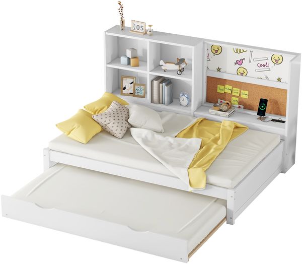 MODFU Kinderbett Stauraumbett Funktionsbett Holzbett Einzelbett (Schlafsofa mit ausziehbarem Bett, USB-Anschluss, Whiteboard, für Kinder- und Jugendzimmer 90x200 cm), ohne Matratze