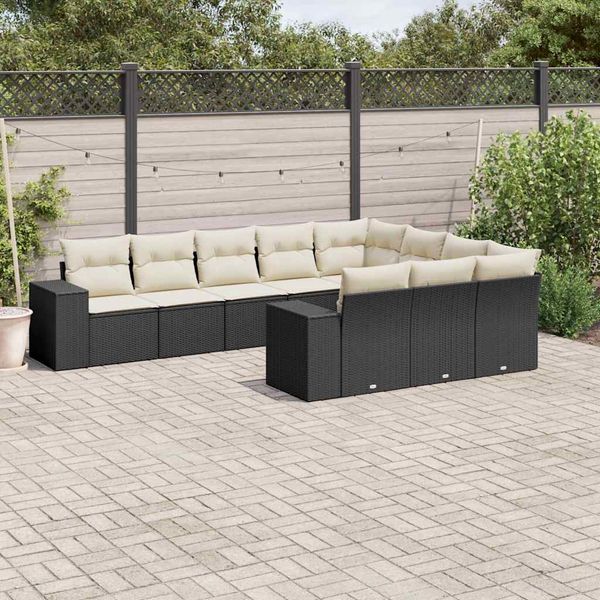 vidaXL 10-tlg. Garten-Sofagarnitur mit Kissen Schwarz Poly Rattan 3223085