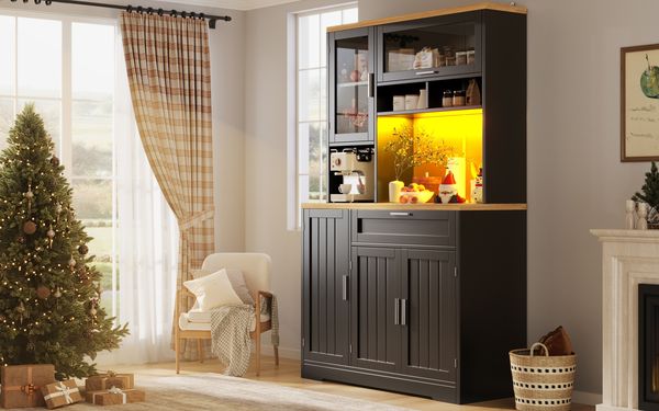 Hochschrank aus MDF mit LED-Beleuchtung & Glastüren, 104x40x180 cm, Schwarz