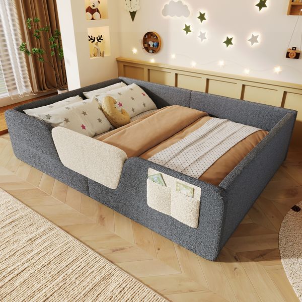 Polsterbett 140x190 cm ohne Matratze mit abnehmbaren Seitengittern aus Velours, Grau
