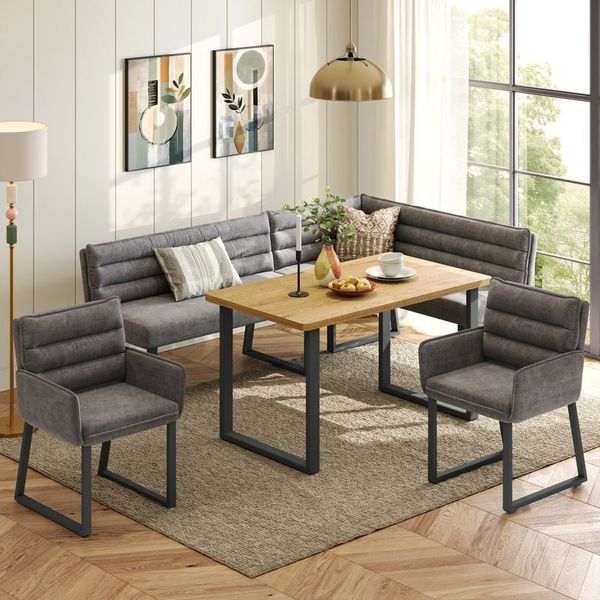 OKWISH Eckbankgruppe 4-tlg. mit Tisch 140x80 cm in Grau/Holzfarbe mit Chenille-Bezug, (Set, 4-tlg, Inkl. Eckbank, 2 Stühle & Esstisch für Küche & Essbereich), Platzsparende Tischgruppe für Eckaufstellung