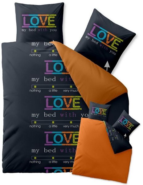 CelinaTex Fashion Bettwäsche 200x200 cm 3teilig Baumwolle Love Wörter Schwarz Orange Bild 5