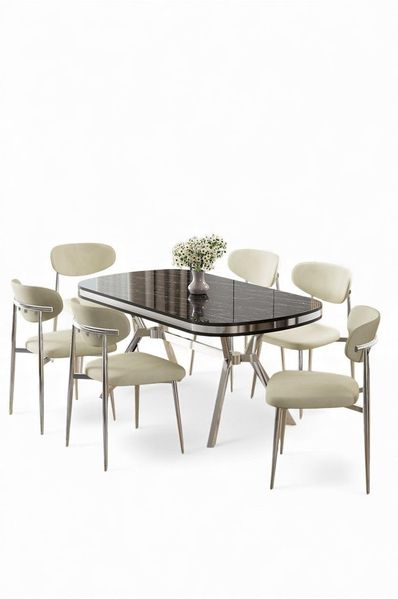 Elegantes 7-teiliges Esszimmer-Set mit Tisch und Stühlen, Schwarzer Marmor & Chrom, 168x90 cm | 100% lackierte Platte, modernes Design