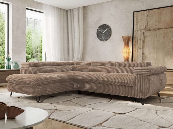 MKS Möbel 'Pablo L-Form' Ecksofa mit Schlaffunktion, verstellbare Kopfstützen, Braun, Cordstoff, T25 Topper, Links