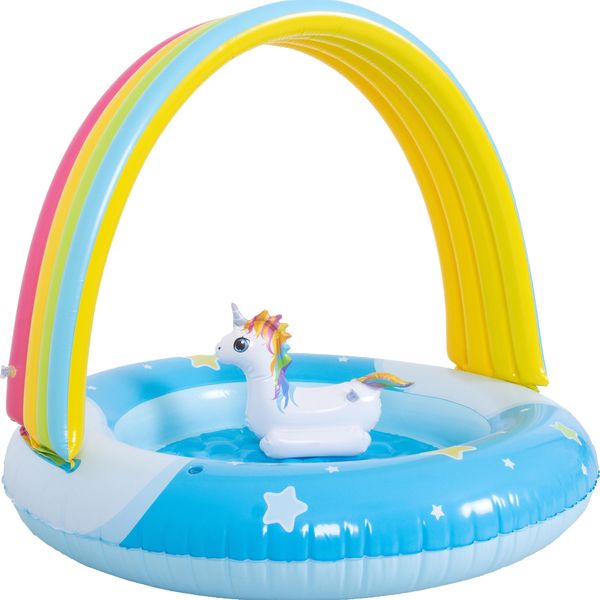 SunClub Planschbecken Einhorn mit Regenbogendach Ø 95 x 80 cm mit Spielzeug und aufblasbarem Boden