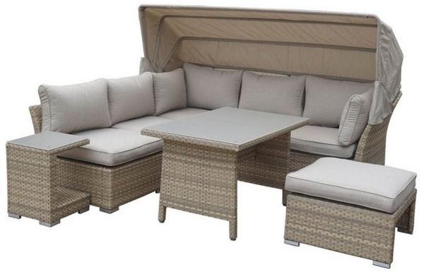 HTI-Line Gartenlounge-Set Loungemöbel-Set Sonneninsel, (Set, 6-tlg, 1 Sofa mit Sonnendach, 2 Sessel, 1 Hocker, 1 Tisch, 1 Beistelltisch), Loungegarnitur Gartenmöbel Terrassenmöbel