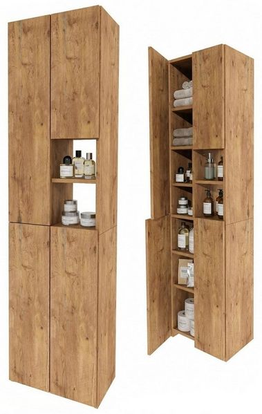 TREND WERK Hochschrank Badschrank schmal stehend B45 x T26,5 x H180 cm (Schmaler Badezimmerschrank mit Regalfächern & Stauraum) Holzoptik, offene & geschlossene Fächer, Standregal Bad, platzsparend