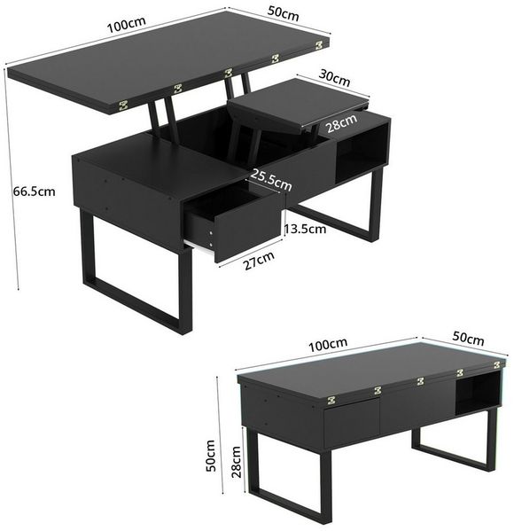 VOWNER Couchtisch 3-in-1-Multifunktions-Wohnzimmertisch, Höhenverstellbar, 1 Schublade + offene Ablagefächer + verstecktes Fach