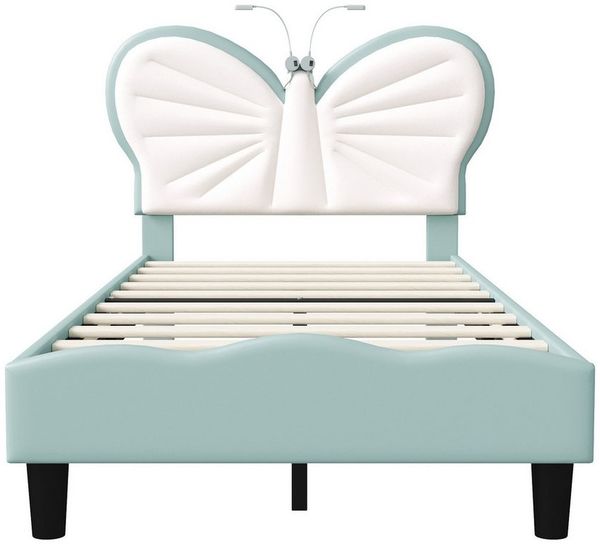 Furnishings Home Kinderbett Polsterbett LED mit Hasenohren Kopfteil 90x200 cm (1-tlg, Kopfteil höhenverstellbar, LED Leselampe), Einzelbett mit Schmetterlings Kopfteil und Lattenrost, Samt