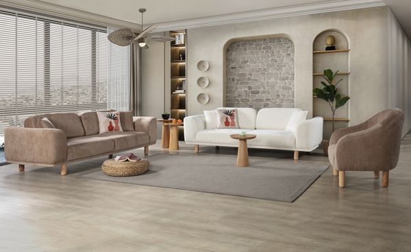 Sitzgruppe/Sofa Set - Wohnzimmergarnitur "Coriander" 3+3+1-Weiß/Braun