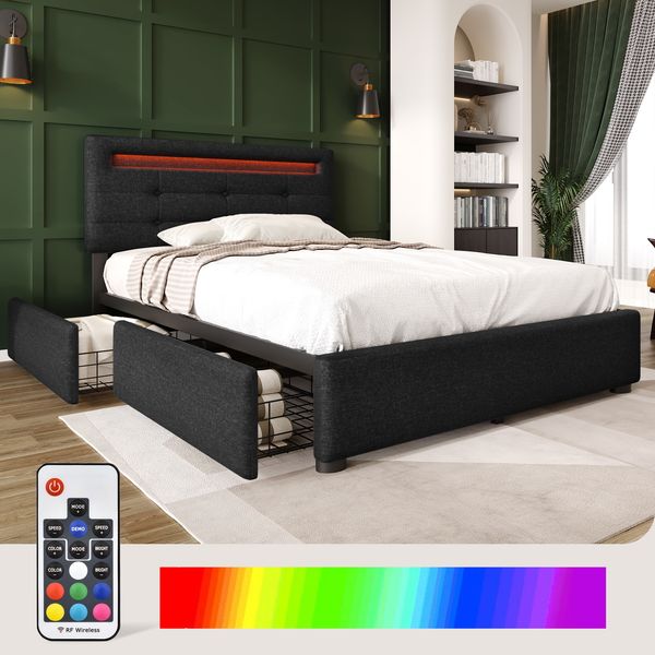Einzelbett 90 × 200 cm mit LED-Beleuchtung, verstellbarem Kopfteil, 2 Schubladen, Leinenbezug in Schwarz, modernes Design