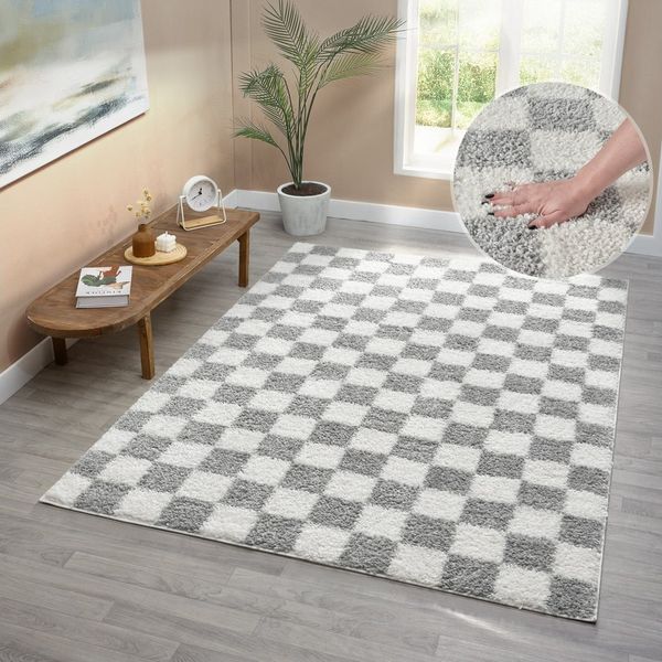 OTTO home Hochflor-Teppich Kiiki, Karo-Muster, rechteckig, Höhe: 30 mm, Kariert, auffälliges Schachbrettmuster, Wohnzimmer, Schlafzimmer