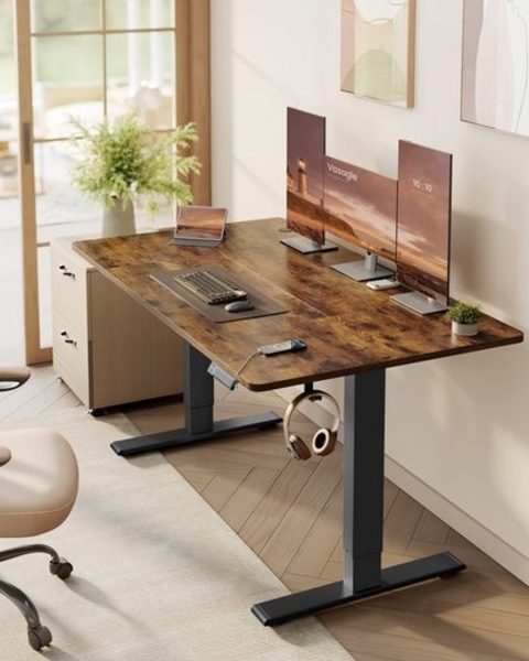 VASAGLE Höhenverstellbarer Schreibtisch elektrisch, 140 x 80 cm, mit USB-C-Anschluss, 3 Speichertasten, braun