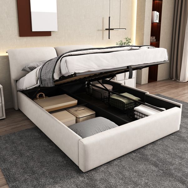 Polsterbett, Samt mit Bettkasten, 3 Schubladen & Lattenrost, 140x190 cm, Beige, ohne Matratze