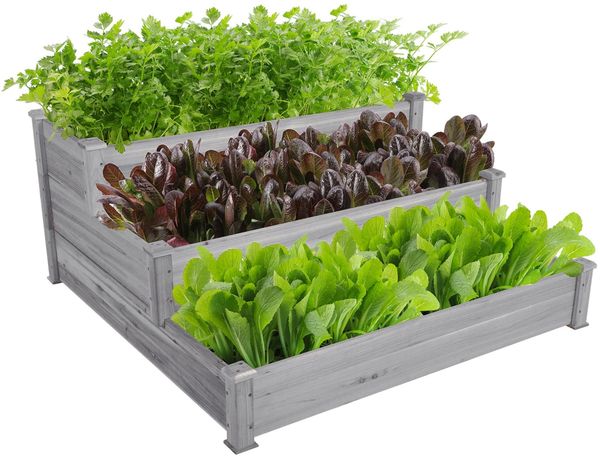 Yaheetech 3 Stufiges Hochbeet Holz Balkon Garten Kräuterbeet Frühbeet Gartenbeet Pflanzenbeet Stufenbeet Blumentreppe stapelbar 120 x 120 x 56 cm Grau