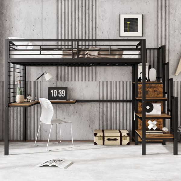 Bett 90x200 cm Hochbett aus Metall mit integriertem Kleiderschrank, ohne Matratze
