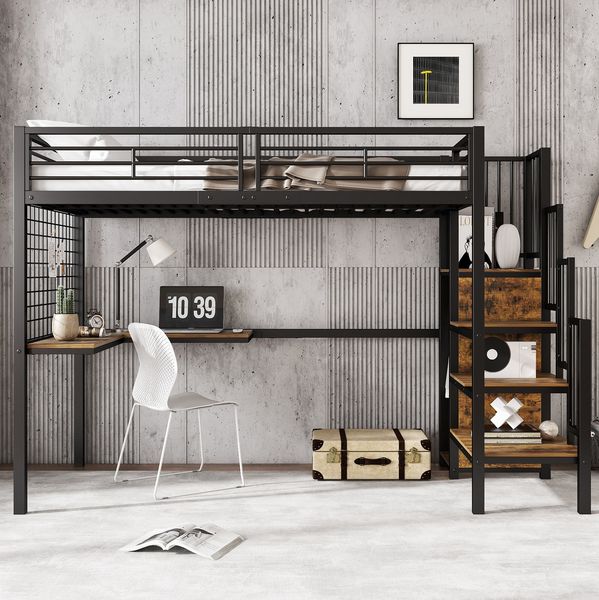 Bett 90x200 cm Hochbett aus Metall mit integriertem Kleiderschrank, ohne Matratze