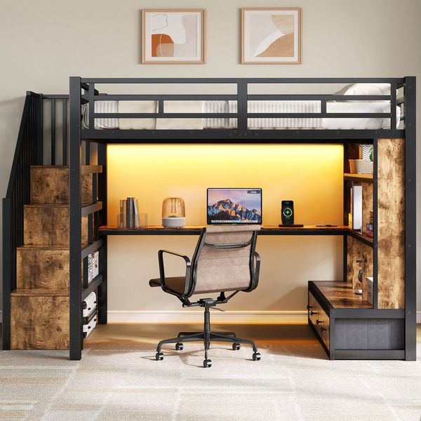 Merax Hochbett 140x200cm mit LED-Beleuchtung (Metallbett Jugendbett Loftbett, 1-St) Kinderbett mit 2 Schubladen, Schreibtisch, Regalen & Stauraumtreppe