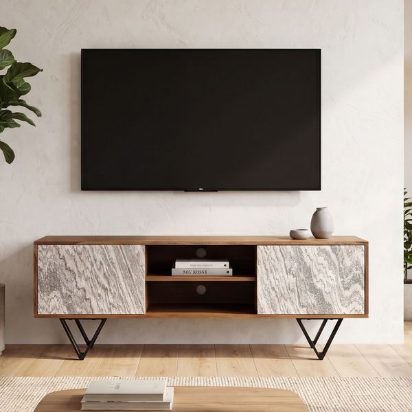 FineBuy Lowboard Sheesham Massivholz 150x56x35 cm TV-Kommode mit Steinoptik Weiß, Design TV-Schrank Hoch, Fernsehtisch Fernsehschrank Modern zwei Türen, Fernsehkommode Wohnzimmer mit Metallbeine