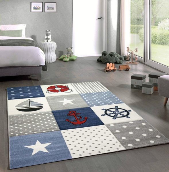 Carpetia Kinderteppich Kinderteppich Kinderzimmer Jungen Maritim Meer kariert blau, rund, Höhe: 13 mm