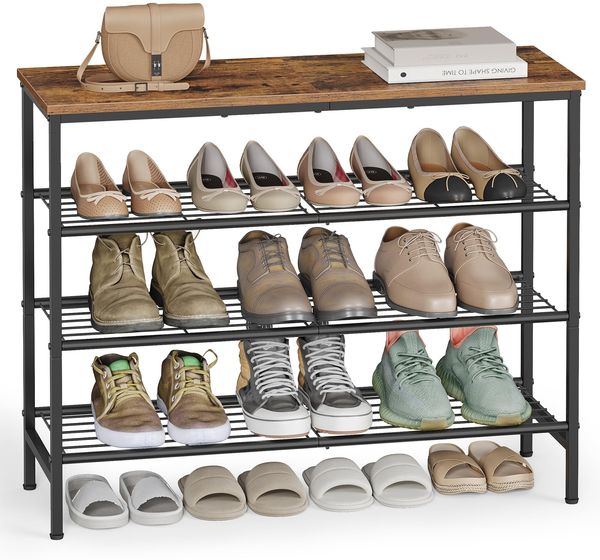 VASAGLE Schuhbank, Schuhregal, Schuhaufbewahrung, Flur, Wohnzimmer, Schlafzimmer, Metallgestell, 4 Ebenen, 30 x 75 x 69 cm, für 12-16 Paar Schuhe, vintagebraun-tintenschwarz LBS049KD01