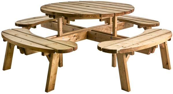 Picknicktisch Hasslebro aus Kiefernholz, skandinavischer Stil, rund, natur, für 4–8 Personen, mit Schirmloch