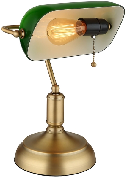 Tischleuchte, Bankerlampe, Zugkette, altmessing, grün, H 36 cm