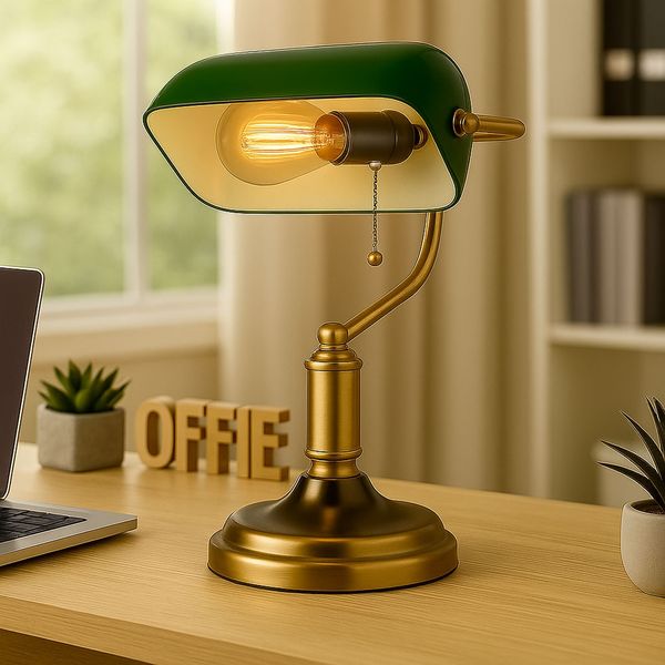 Tischleuchte, Bankerlampe, Zugkette, altmessing, grün, H 36 cm