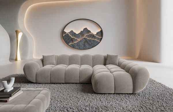 Sofa Dreams Polsterecke Maleron L Form kurz Stoffsofa, 4-Sitzer, Loungesofa, Ottomane rechts, Samtstoff Bezug in Sand