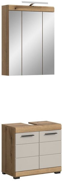 furnling Badmöbel-Set Scott, (2-St, LED-Spiegelschrank & Waschbeckenunterschrank), modernes Badmöbel mit Stauraum, in Evoak Oak / Kaschmir matt